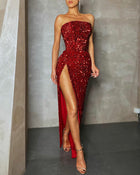 Sequin Strapless Slit Maxi Dress - Red