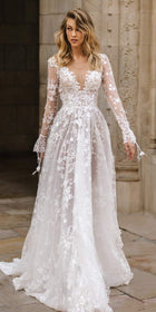 Long-Sleeve Lace A-Line Wedding Dress with Open Back - product photo 2
