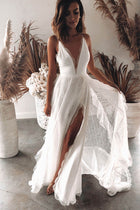 Sleeveless V-Neck Lace Wedding Dress with High Slit - product photo 2