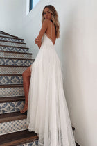 Sleeveless V-Neck Lace Wedding Dress with High Slit - product photo 3