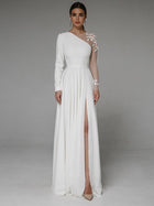 Long-Sleeve High-Slit Wedding Dress with Floral Detail - product photo