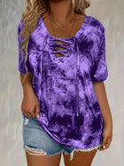 New women's tie-dye print drawstring casual fashion short-sleeved top