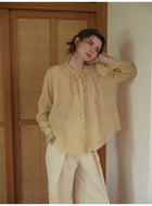 French Ruffle Neck Tencel Linen Long Sleeve Blouse