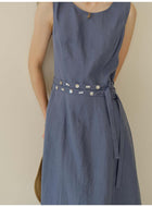 Women's Linen Lyocell Blend Sleeveless Midi Dress | A-Line Belted Dress