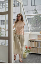 Vintage Plant Embroidered Lyocell Two-Piece Set - V-Neck Puff Sleeve Top & Midi Skirt