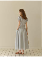 Women's French Lace V-Neck Midi Dress | Belted Puff Sleeve Cotton Blend Dress