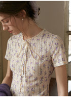 French Retro Textured Floral Knit T-Shirt Women Short Sleeve Lace Trim Neck Top