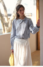 Women's Cotton Lyocell Blend Jacquard Blouse | Embroidered Asymmetric Bow Collar Shirt