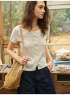 French Style Hollow Knit Short Sleeve Cardigan, Linen-Look Breathable Top, 2 Colors