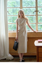 French Polka Dot Linen Blend Ruched Waist Midi Dress