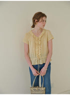 French Ruffle Collar Lyocell Linen Blouse, Lace Trim Short Sleeve Drawstring Waist Top for Women, Casual Summer Shirt