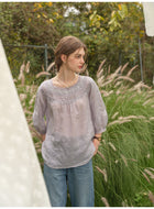 Vintage Linen Lace Square Neck Blouse Women 3/4 Sleeve Bohemian Top