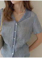 French Ramie Lyocell Notch Collar Blouse, Tailored Short Sleeve Button-Down Shirt for Women, Office Casual Retro Top