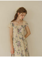 French Style Rose Floral Square Neck Lyocell Midi Dress