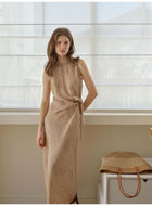 Women's French Tie-Dye Linen Blend Sleeveless Maxi Dress | Belted Waist Tank Dress