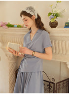 French Linen Blend Wrap Top & Midi Skirt Two-Piece Set - Blue