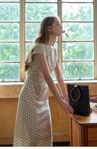 French Polka Dot Linen Blend Ruched Waist Midi Dress