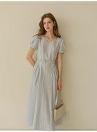 Women's French Lace V-Neck Midi Dress | Belted Puff Sleeve Cotton Blend Dress