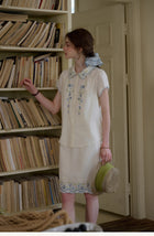 Embroidered Cotton Two-Piece Set Peter Pan Collar Blouse & Midi Skirt