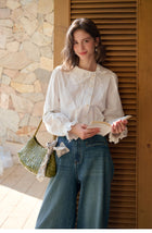 French Style Embroidered Cotton Lyocell Blouse Women Asymmetric Bow Collar Shirt