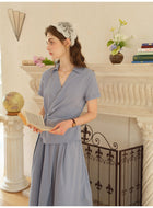 French Linen Blend Wrap Top & Midi Skirt Two-Piece Set - Blue
