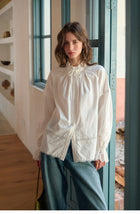 Women's French Tencel Cotton Lace Blouse | Ruffle Neck Tie Shirt