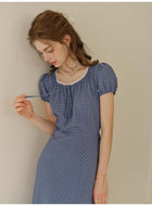 Women's Cotton Blend Blue Checkered Dress with Lace Trim