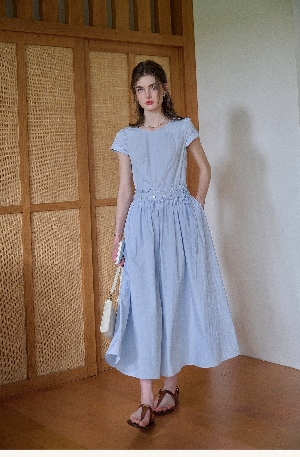 Women's Cotton Blend Belted Midi Dress | Casual A-Line Short Sleeve Summer Dress