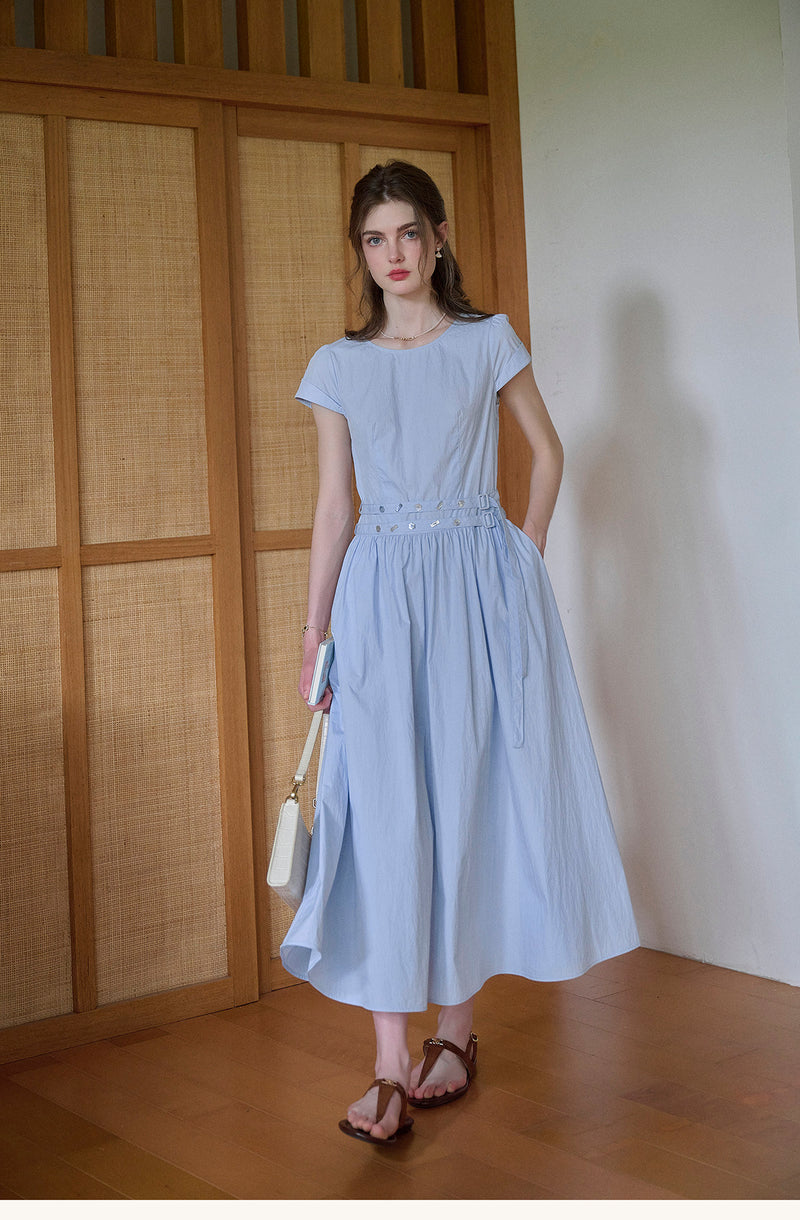 Women's Cotton Blend Belted Midi Dress | Casual A-Line Short Sleeve Summer Dress
