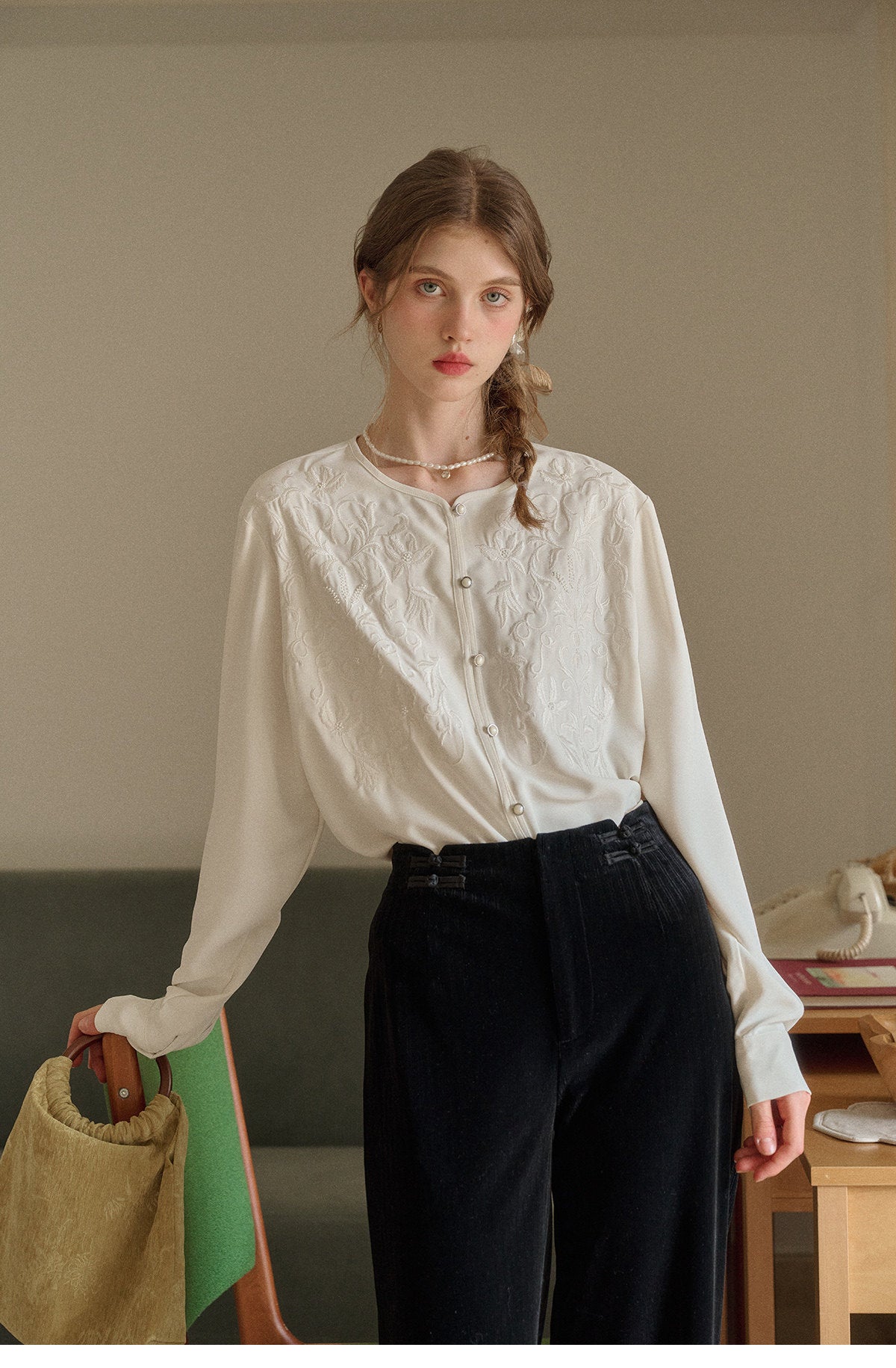 French Embroidered Crew Neck Blouse
