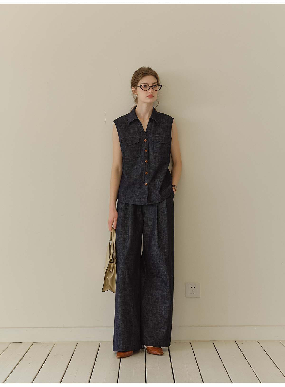 Tencel Linen Denim Sleeveless Button-Down Vest Shirt