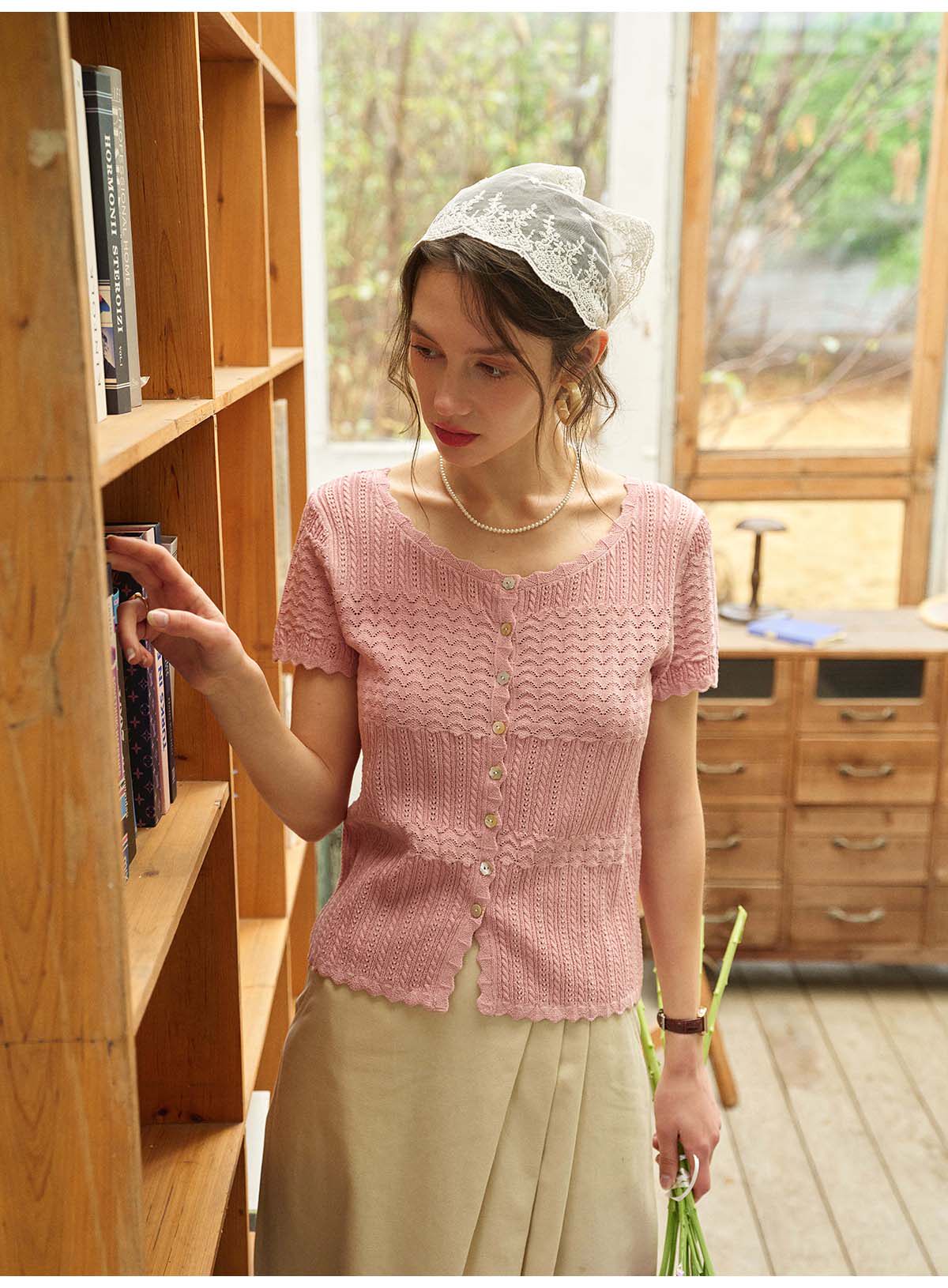 French Style Hollow Knit Short Sleeve Cardigan, Linen-Look Breathable Top, 2 Colors