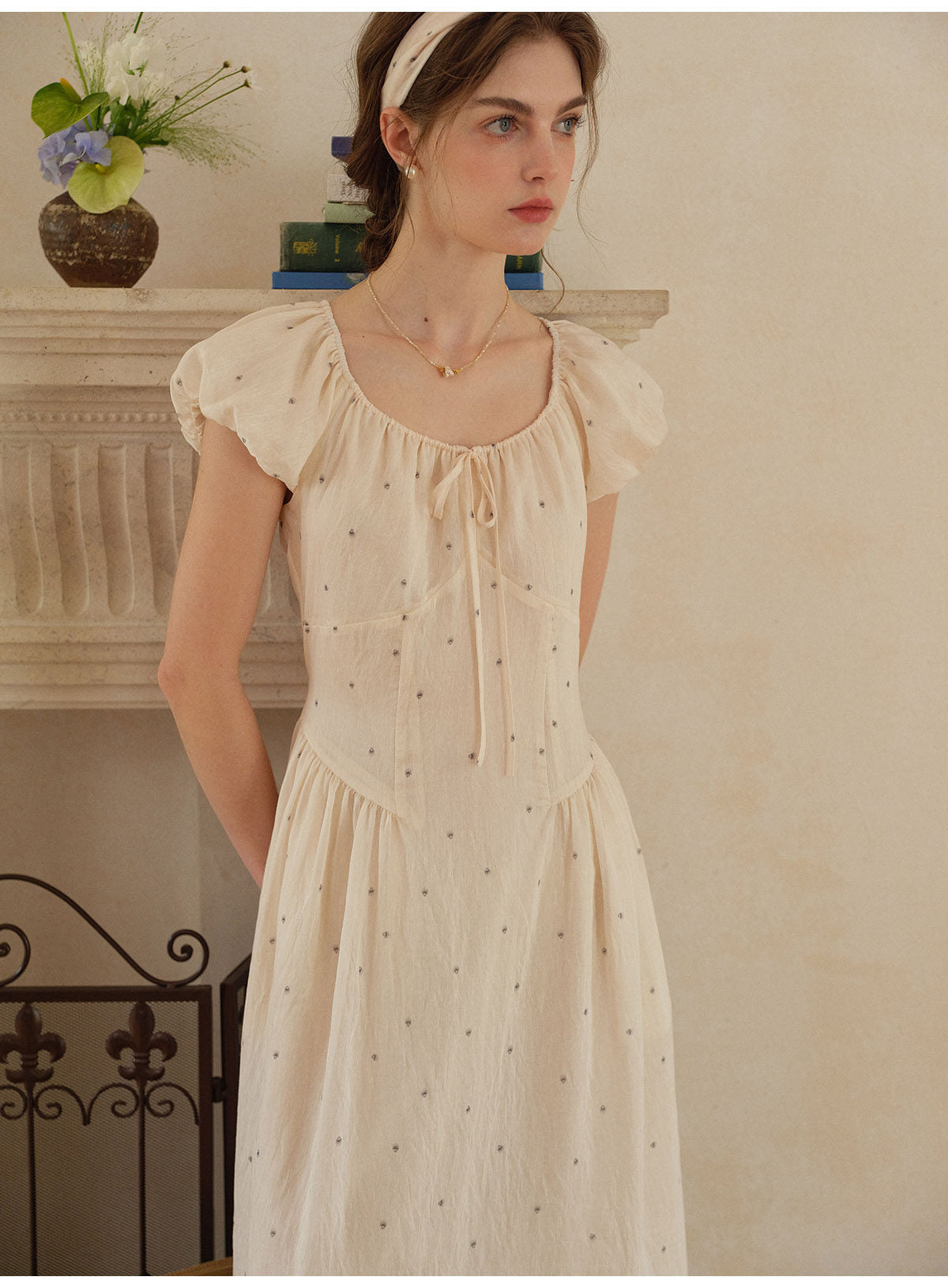 Women's Linen Lyocell Blend Embroidered Midi Dress | French Style Puff Sleeve Polka Dot Dress