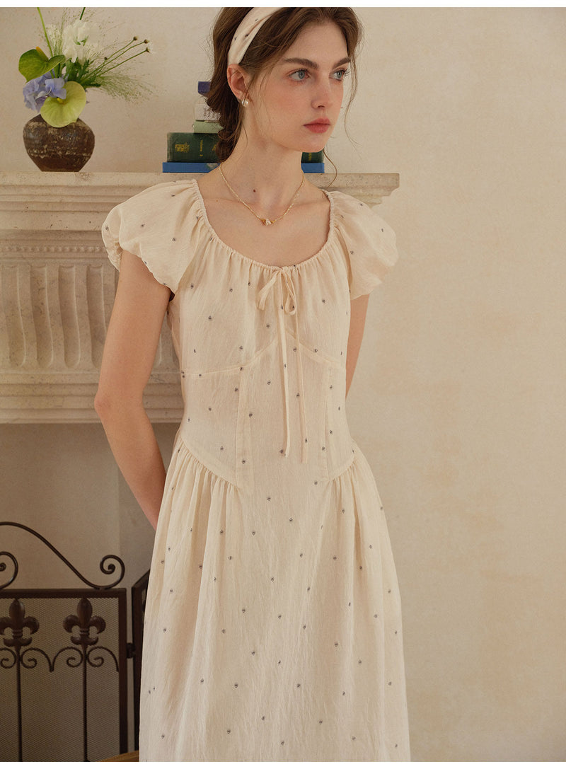 Women's Linen Lyocell Blend Embroidered Midi Dress | French Style Puff Sleeve Polka Dot Dress