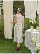 Women's Vintage Lace Jacquard Maxi Dress | Sleeveless White Tank Dress