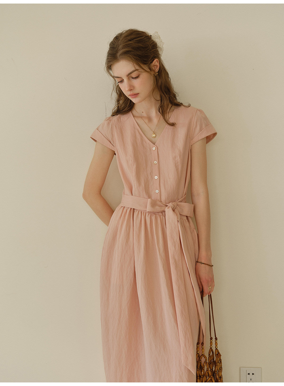 Women's Lyocell Blend V-Neck Midi Dress | French Style Belted Waist Short Sleeve Summer Dress