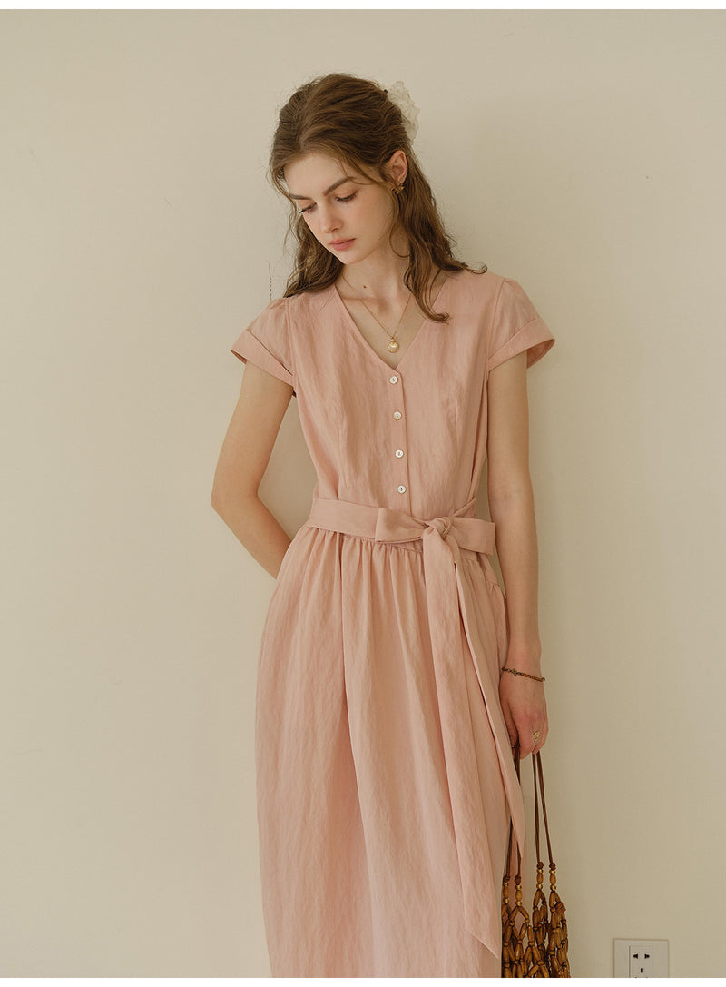 Women's Lyocell Blend V-Neck Midi Dress | French Style Belted Waist Short Sleeve Summer Dress