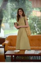 Women's Cotton Nylon Blend Midi Dress | Short Sleeve Yellow Casual Dress