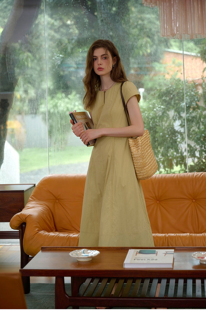 Women's Cotton Nylon Blend Midi Dress | Short Sleeve Yellow Casual Dress