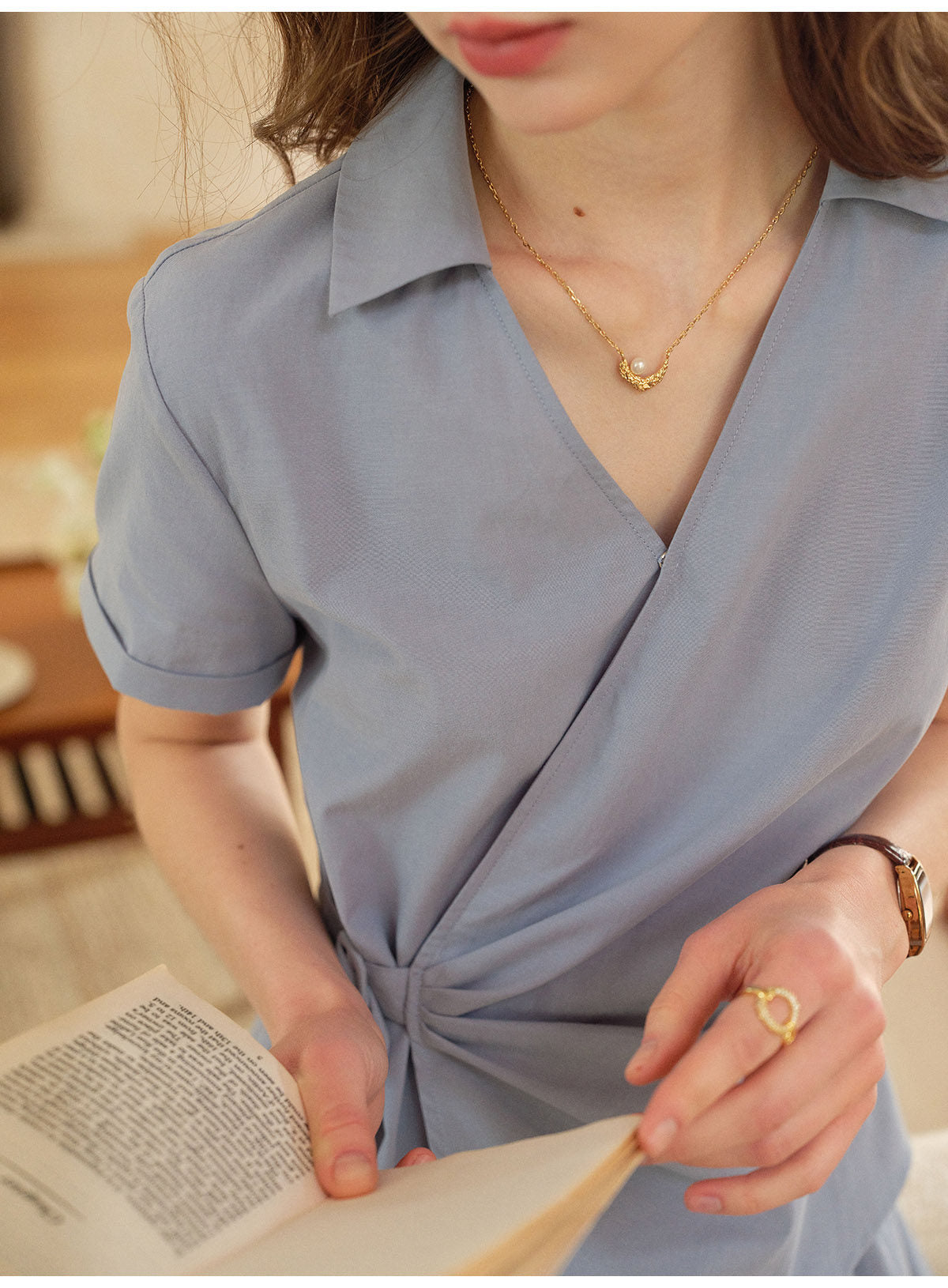 French Linen Blend Wrap Top & Midi Skirt Two-Piece Set - Blue