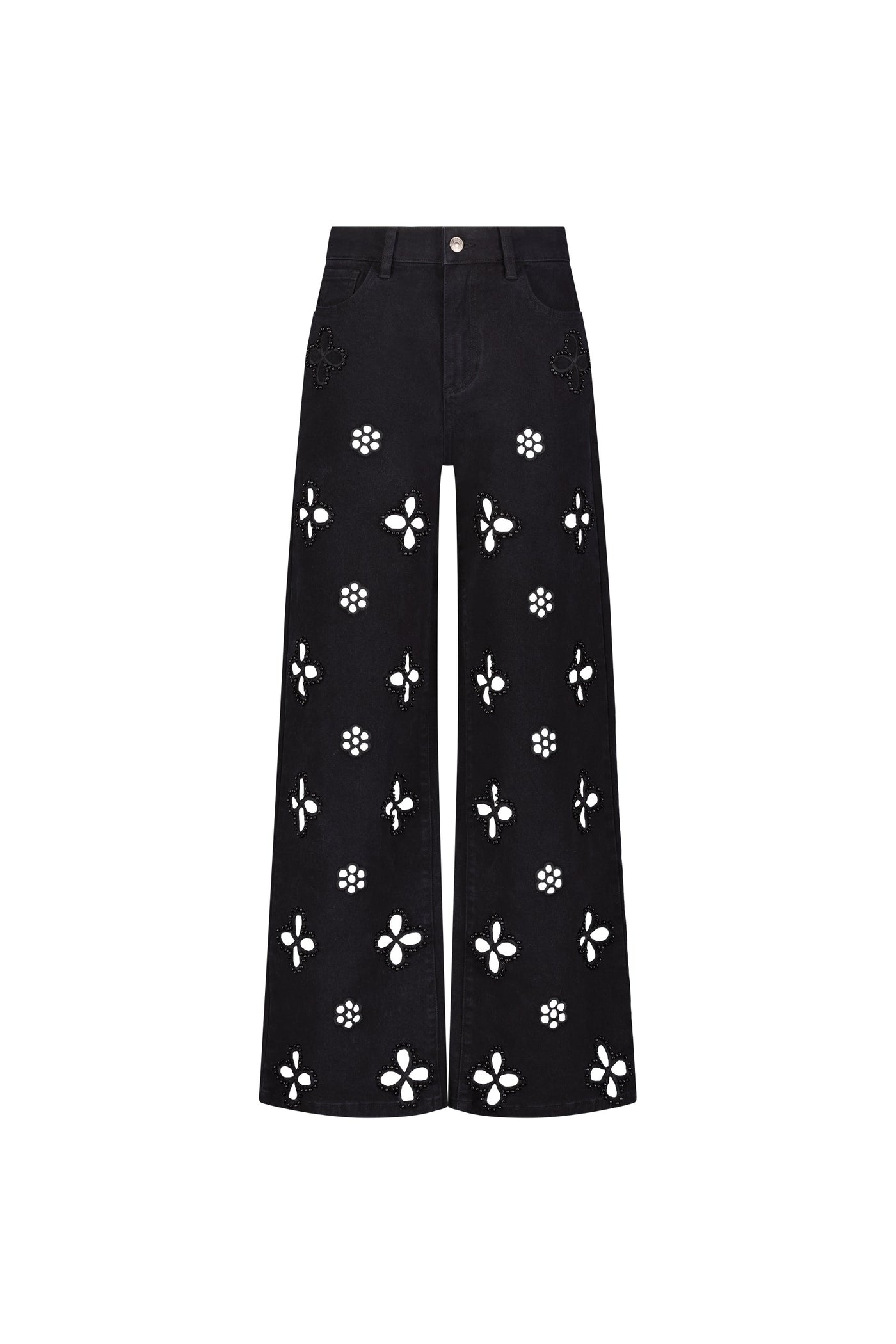 The Kaia Pearl High Rise Jean in black features wide-leg denim with white daisy cutouts on the front, finished with a button and zip waist closure.