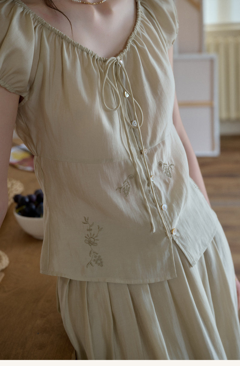 Vintage Plant Embroidered Lyocell Two-Piece Set - V-Neck Puff Sleeve Top & Midi Skirt