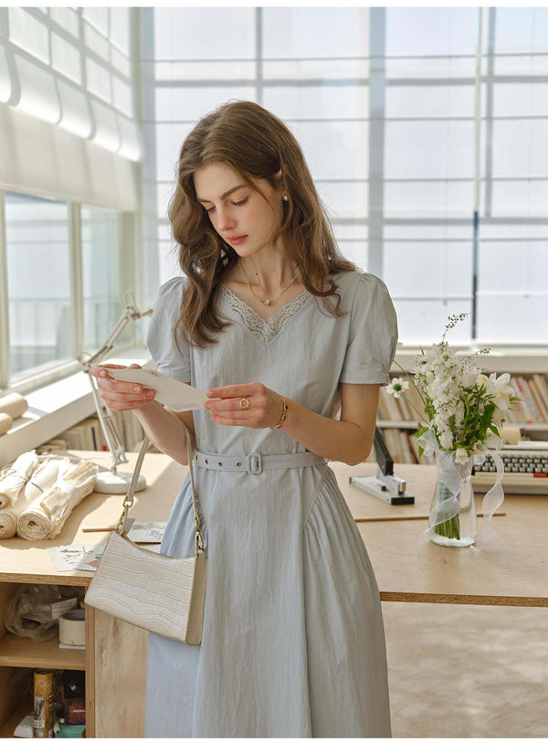 Women's French Lace V-Neck Midi Dress | Belted Puff Sleeve Cotton Blend Dress