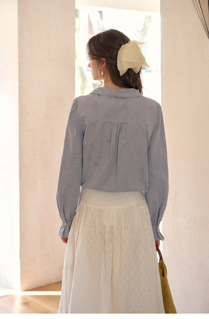 French Style Embroidered Cotton Lyocell Blouse Women Asymmetric Bow Collar Shirt