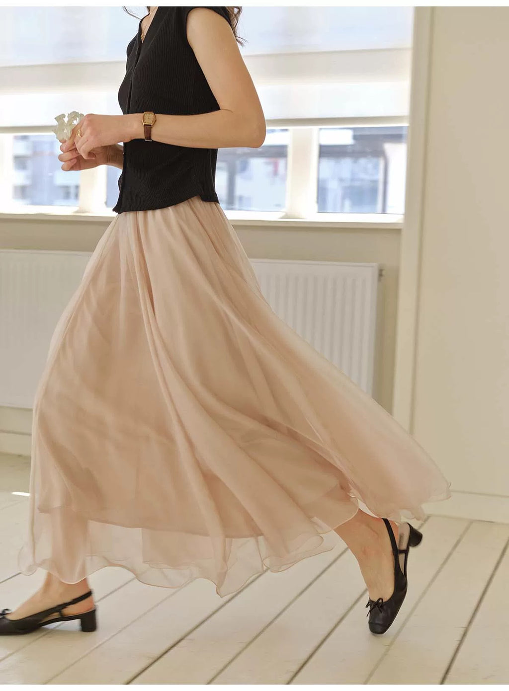 Nude Chiffon Flowy Maxi Skirt, Korean Style Elegant High Waist A-Line Long Skirt