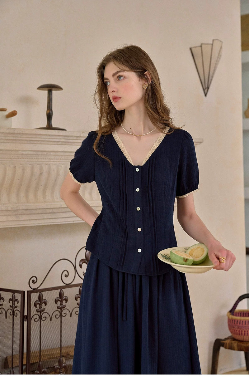 Vintage Commute Women French Elegant V Neck Linen Two Piece Set Matching Cropped Top and Skirt Retro Temperament Outfit Daily Casual Linen Matching Set