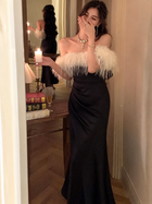Off-Shoulder Draped Satin Midi Dress - Black