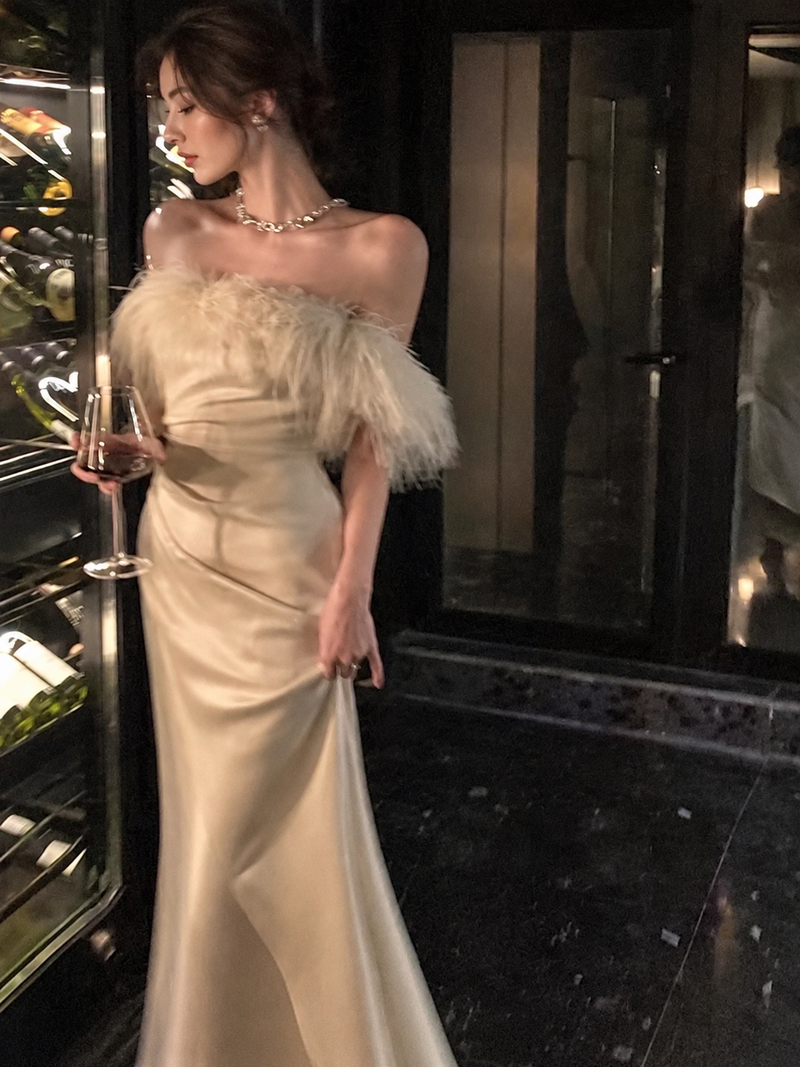 Off-Shoulder Draped Satin Midi Dress - Ivory