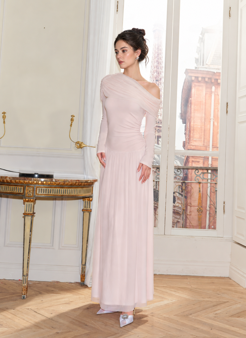 Pink Ruched One-Shoulder Tulle Maxi Dress - Pink