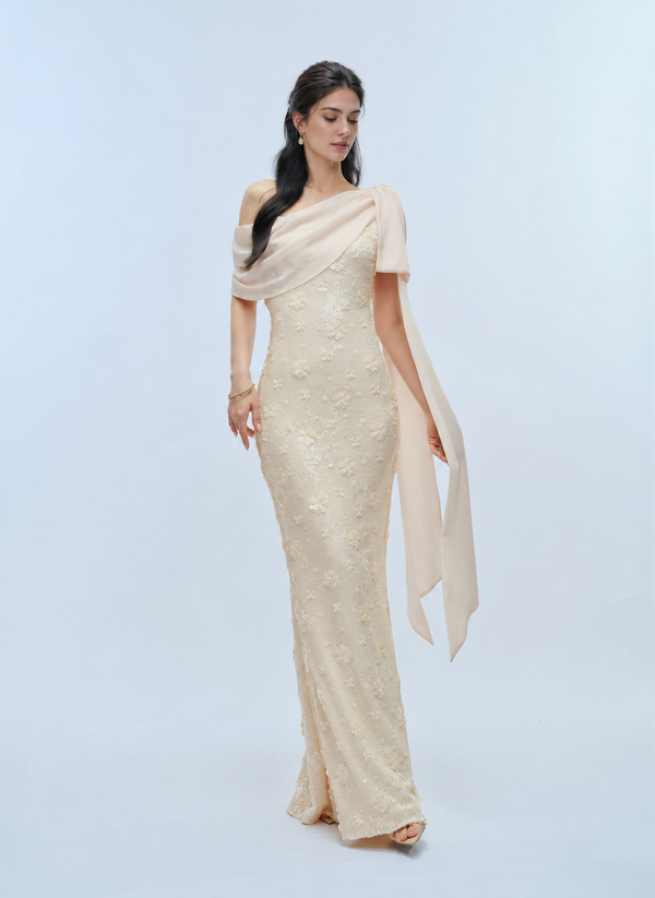 Draped One-Shoulder Sequin Maxi Dress with Sash - Apricot
